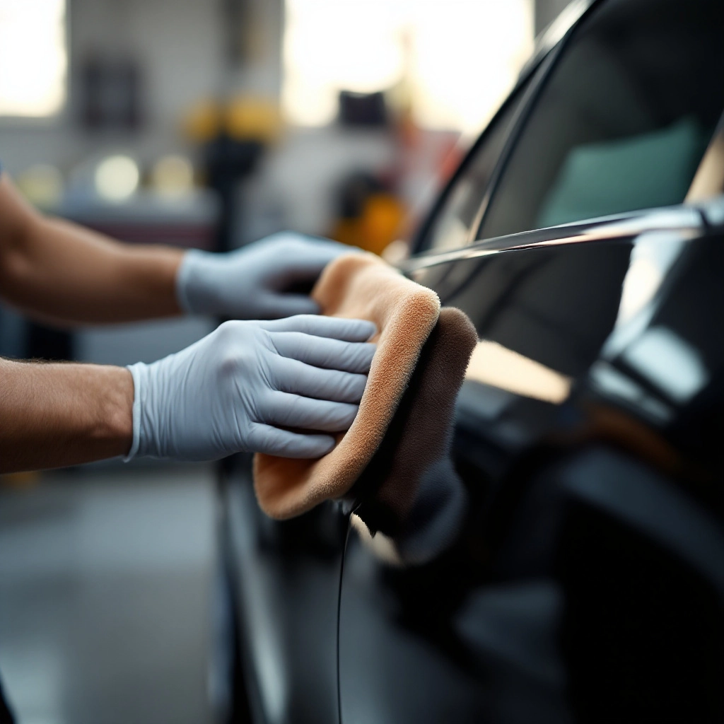 Gloved hands of a professional detailer polishing a black car in Allen Park auto detailing shop